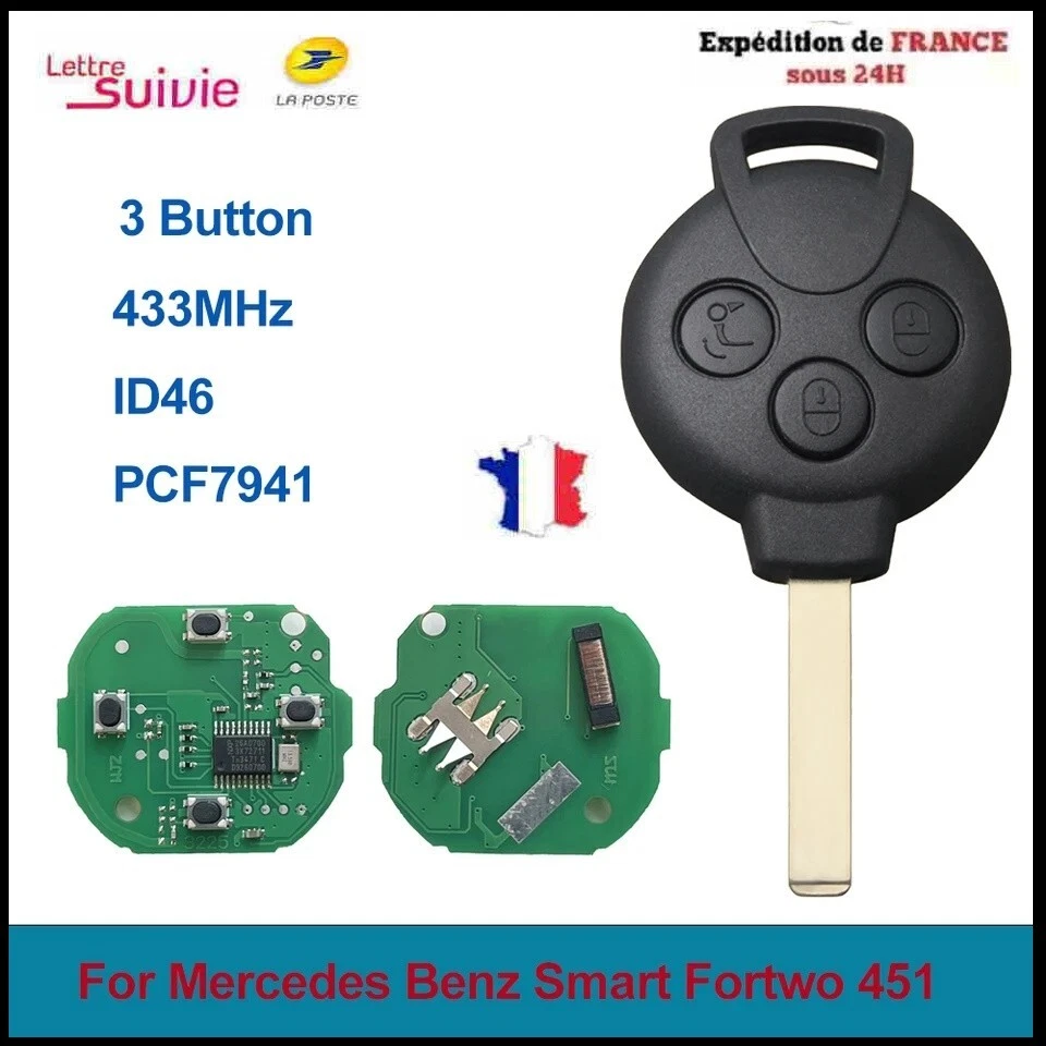 STBRAI TÉLÉCOMMANDE CLÉ POUR SMART FORTWO 451 2007-2015 433Mhz ID46 PCF7941 A4518203797