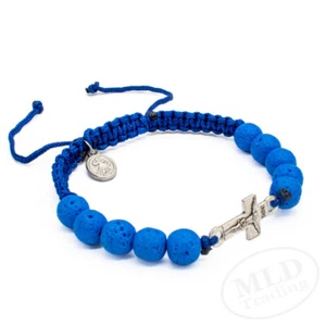 Göttliche Barmherzigkeit Medaille blau natürlicher Lavastein Perlen Rosenkranz Armband - verstellbar - Bild 1 von 6