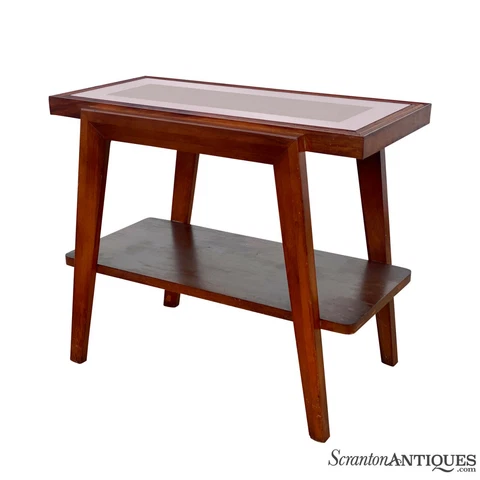 Mid-Century Art Deco Sculpted Mahogany Occasional Side Table w/ Pink Mirror Top Cover