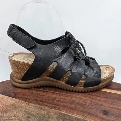 Bionica Sorena Sandals Women's 7.5M Black Leather Gladiator Platform Cork Wedge - Image 1 of 4
