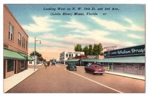 MIAMI, FLORIDA - OCUPADO N.W. CALLE 79 - FARMACIA - POSTAL DE LINO VINTAGE - Imagen 1 de 2