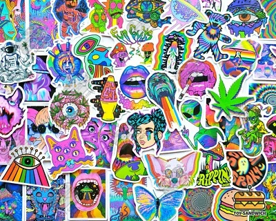 MIX STICKERS LOT 50 pcs "Psychedelic" Sticker Pack Abstract Rainbow Smoking Hippie Trippy Decals