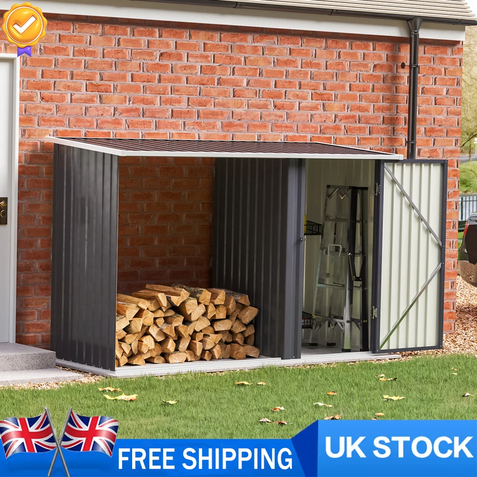 HM-GARDEN123 Galvanized Steel Log Store Wood Firewood Garden Outdoor Storage Metal Tool Shed