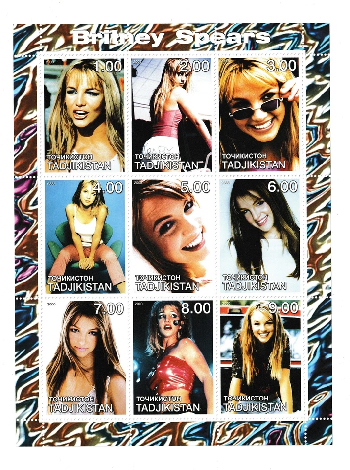 Folha de selos de lembrança do Tadjiquistão - BRITNEY SPEARS 9 selos - Novo em folha, sem marca de charneira - Imagem 1 de 1