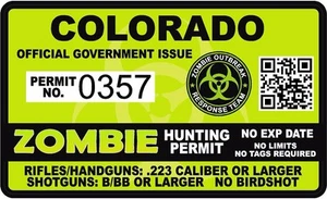 Colorado Zombie Hunting Permit Sticker Die Cut Decal outbreak response team - Bild 1 von 1