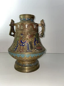 ANTIQUE JAPANESE CLOISONNÉ METAL VASE HANDLED, SCROLL - Picture 1 of 7