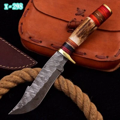 "Cuchillo de caza de acero Damasco forjado hecho a mano EDC original cuerno de ciervo 10""" Foto 1 de 3