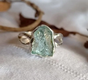 Natural Raw Aquamarine Gemstone Ring 925 Silver Plated Minimalist Raw Aquamarine - Picture 1 of 8