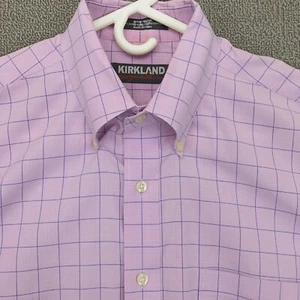 Kirkland Signature Button Up Shirt Mens 16 35 Long Sleeve Pink Blue Check Cotton - Picture 1 of 11