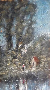 Oil Painting Wayside Cross Impressionist Miniature° Girl ´Antique Unsigned/ - Picture 1 of 3