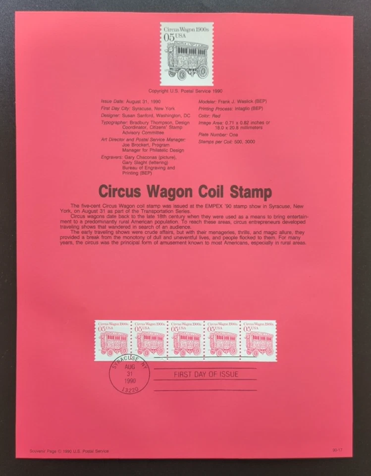 5c Circus Wagon 1990 SOUVENIR PAGE SCOTT # 2452 SP880 - Image 1 of 1