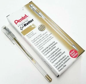 NEW Pentel 12-PACK Hybrid Gel Roller Ball Pen GOLD Waterproof Ink Medium .4mm - Picture 1 of 2