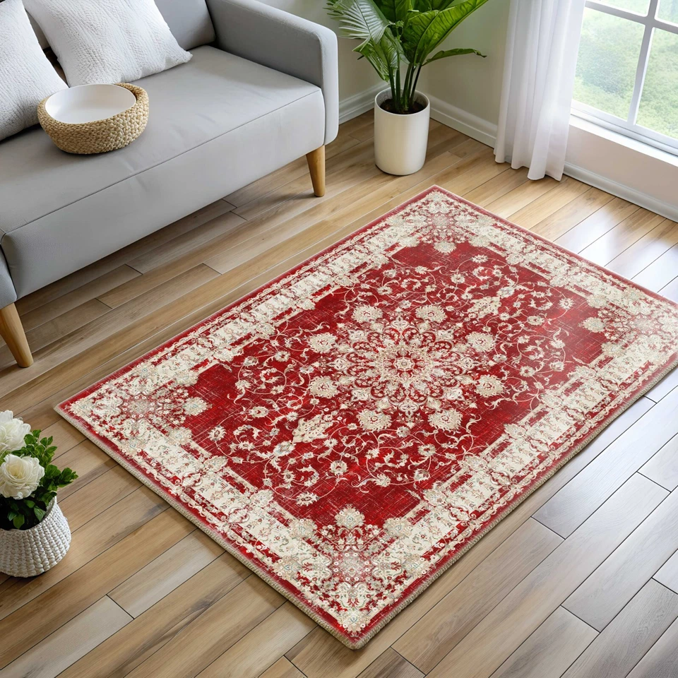 Medallion Turkish Rug, Red Oriental Area, Large Traditional, Rustic Authentic - Image 1 of 4