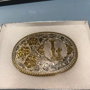 Crumrine Años 80 De Colección Bronce Cinturón Vaquero Hebilla Monograma "L" Tono Dorado/Plateado - Imagen 1 de 10