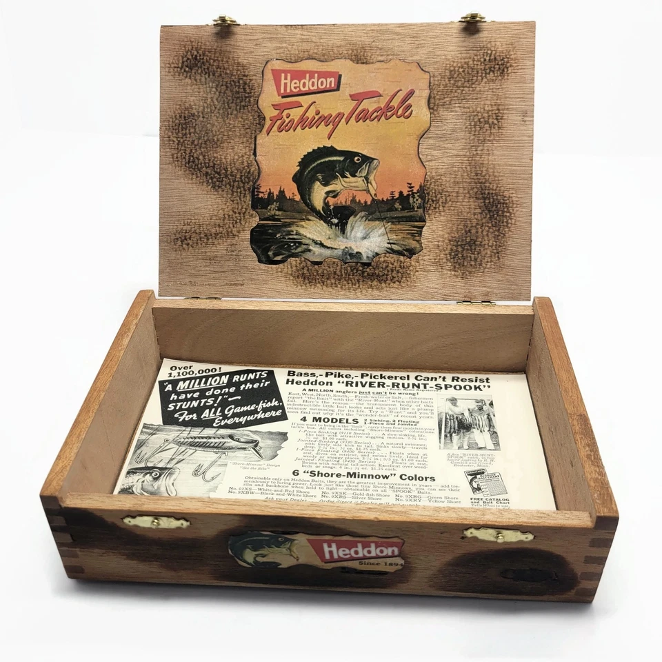 Vintage Heddon Homemade Wood Box Bass & River Runt Fishing Lure Ad Advertisement - Image 1 of 4