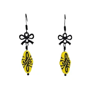 Handmade Black Bow Tie Dangle Boho Earrings with Czech Yellow Glass Beads - Picture 1 of 11