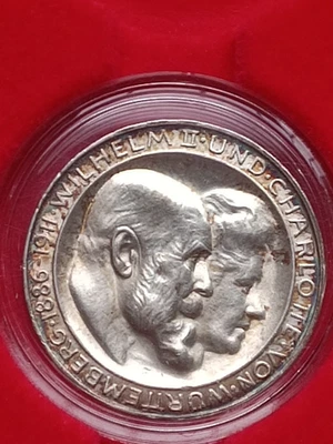 3 Mark Deutsches Reich 1911 Württemberg Wilhelm II Silberhochzeit vz-st - Bild 1 von 4