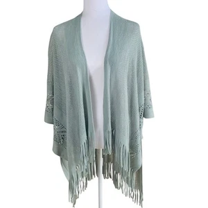 Nine West Open Knit Open Front Fringe Hem Knit Sweater Sage Green Bohemian - Picture 1 of 8