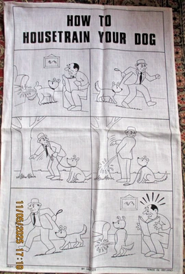 Torchon vintage neuf, pur lin irlandais -BD LE CHIEN ET LA PROPRETE -75 x 47 cm - Photo 1/4