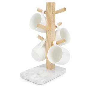 Coffee Mug Holder for conuter, Thicker Marble Base with 6 Solid Wooden Hooks... - Picture 1 of 4