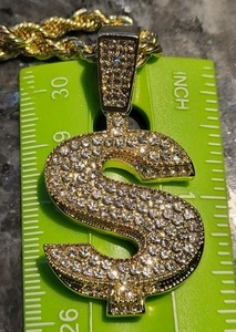 Money Sign Rope Chain Iced Out Gold Plated Necklace Men's Dollar Hip Hop 24" - Picture 1 of 8