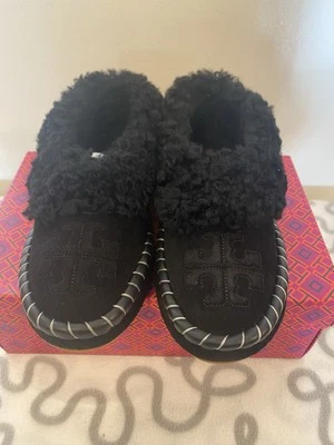 TORY BURCH T Perfect Black 001Suede Shearling Slipper Size 7 - Image 1 of 4