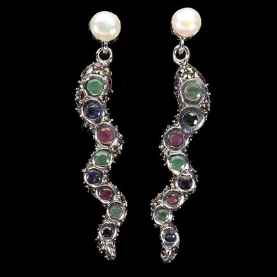 925 Sterling Silver Earrings Round Ruby Emerald Sapphire Pearl Cobra Gemstone - Image 1 of 4