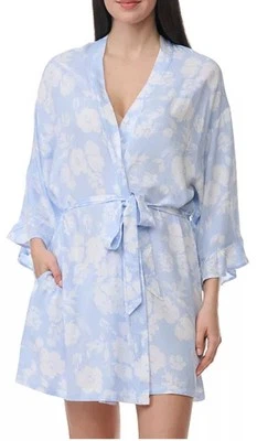 Espléndido Pijama L/XL Kimono Bata Azul y Blanco Floral Envoltura Borde Escombros Manga Foto 1 de 4