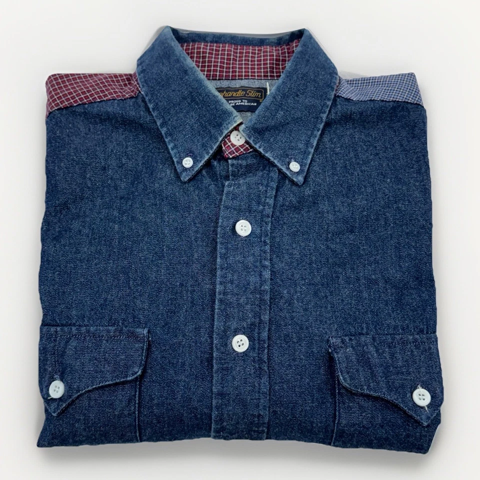 Camisa masculina grande vintage anos 80 Panhandle slim denim bloco de cores botão feita nos EUA - Imagem 1 de 4