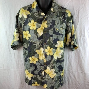 Camisa hawaiana Tommy Bahama para hombre negra amarilla floral manga corta 100 % seda M - Imagen 1 de 5