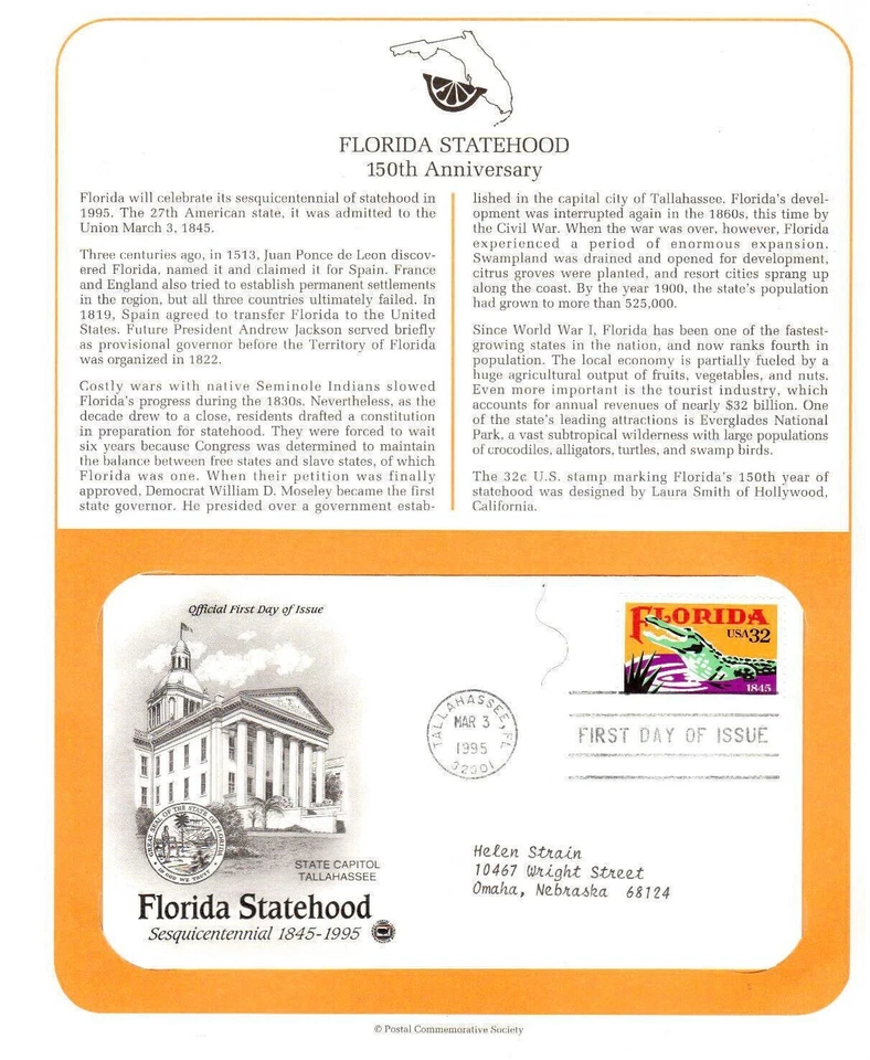 Postal Society First Day FDC stamp scott # 2950 32 cent Florida Statehood 1995 - Image 1 of 1