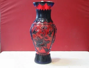 Chinese Peking Glass Collection Item Blue/Red Hand Carved Birds/Tree Vase - Picture 1 of 7