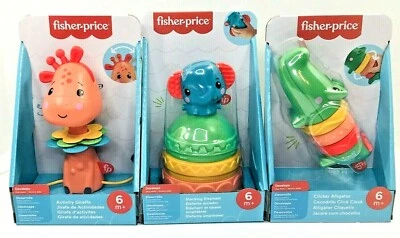 NIB Fisher Price Activity Giraffe Clicker Alligator Stacking Elephant Baby Toys  - Изображение 1 из 4