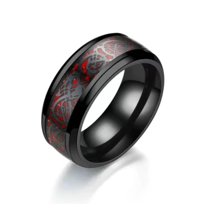 8 mm Black Stainless Steel Red Dragon Inlay Engagement Wedding Ring Size 7 - 12 - Image 1 of 3