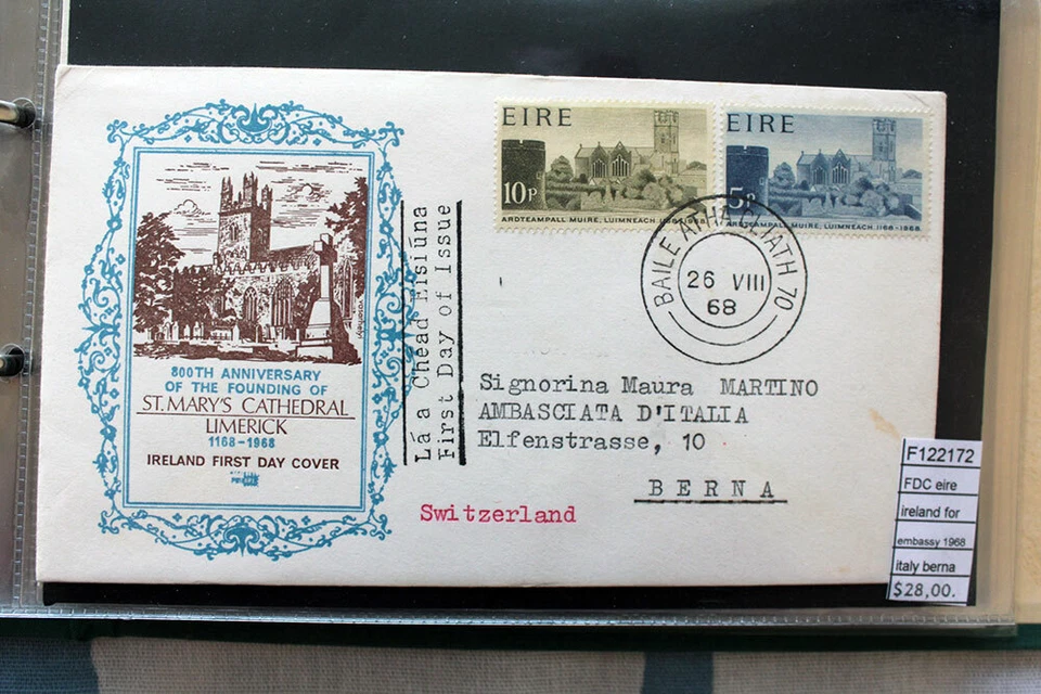 FDC EIRE IRELAND FOR EMBASSY ITALY BERNA 1968 (F122172) - Image 1 of 1