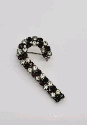 Christmas Candy Cane Brooch Pin Red White Crystal Silver tone Vintage 1.5 in - Image 1 of 4