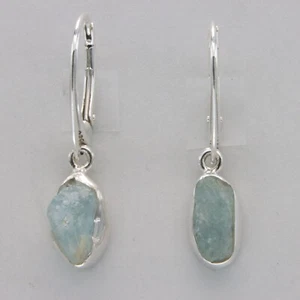 Raw Natural Cut Blue AQUAMARINE Rough Cut Earrings - 925 STERLING SILVER #901-Fe - Picture 1 of 9