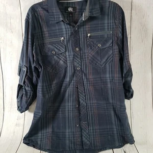 Rock Revival Shirt Mens MEDIUM Blue Plaid Button Down Front Zip Pocket - Picture 1 of 8