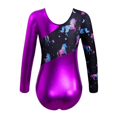 Girls Metallic Gymnastics Ballet Leotard Dancing Jumpsuit Kids Athletic Bodysuit - Image 1 of 4