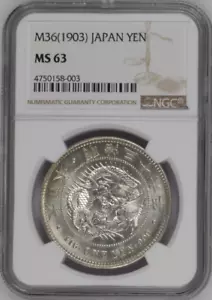 :1903(M36) 1-YEN JAPAN DRAGON-EYE Y#A25.3 NGC CHOICE MS63 LOW-POP HIGHEST-GRADES - Picture 1 of 2