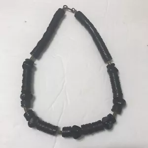 VTG AFRICAN KENYAN TRIBAL ETHNIC NECKLACE 19" LONG BLACK WITH BRASS BEADS - Picture 1 of 13