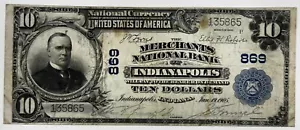 Bella banconota 1902 $10 retro semplice moneta nazionale CH 869 Indianapolis Indiana - Foto 1 di 2