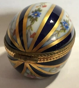 Limoges Dubarry Porcelain Trinket Box Striped Egg Blue w/ pink flowers - Picture 1 of 6