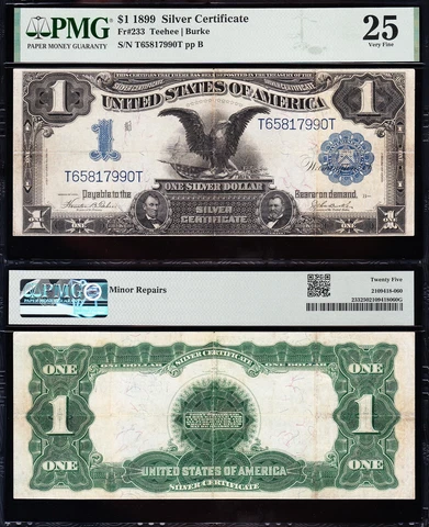 VERY NICE Bold & Crisp VF 1899 $1 "BLACK EAGLE" Silver Cert.! PMG 25! FREE SHIP! Cover