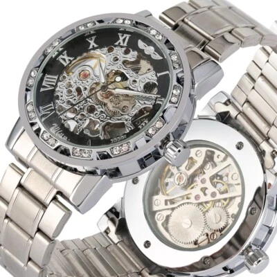 Winner Transparent Diamond Mechanical Skeleton Watch Men's Luxury Steel Watches - Image 1 of 4