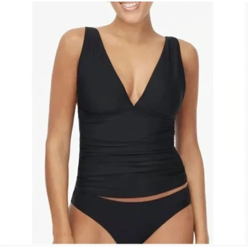 Maiô J Crew Tankini Top pequeno preto ruched mergulho alças ajustáveis CI105 - Imagem 1 de 4