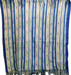VTG Afghan Knit Blanket Fringed 57" Cozy Retro Throw Blue Pastel Multi Striped - Picture 1 of 9