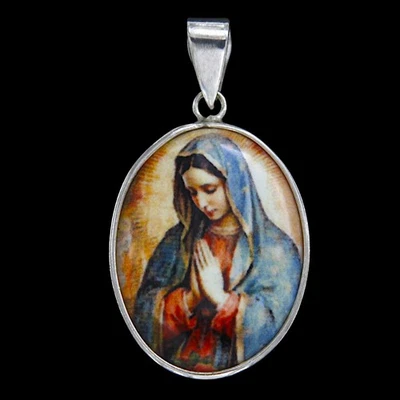 Ciondolo in Argento 925 e Porcellana Madonna Vergine Maria di Guadalupe Medaglia - Immagine 1 di 4