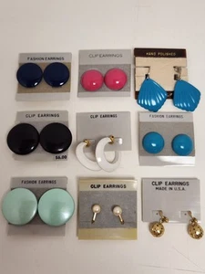 Vintage Lot Of 9 Pairs Of Clip-on Earrings Retro Multicolor Metal Lucite Plastic - Picture 1 of 20