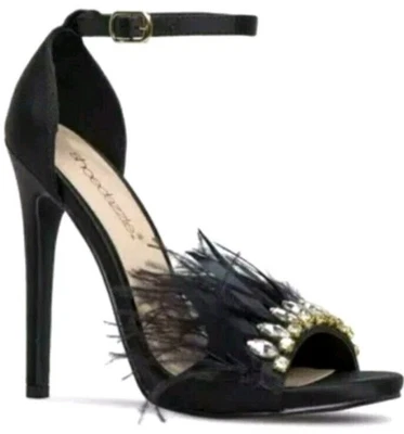 Черные туфли перо атласный Stiletto размер 7 1/2 7,5 каблуках 4,75» стразы  - Изображение 1 из 4